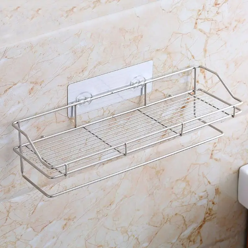 Stainless Steel Adhesive Bathroom Shelf Organizer Shower Storage Basket Holder Home Storage Rack