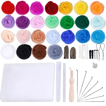 

IBOWS 25 Colors Wool Felt Roving Wool Felting Tool Kit Fiber Material with Felt Needle Set Weaving Needlework Spinning