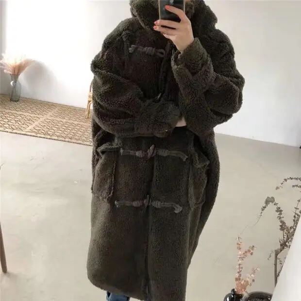 Осень и зима, Южная Корея, хлопковое пальто с капюшоном, длинное хлопковое пальто, женские пуговицы-рог для пальто, парка размера плюс, Женское пальто