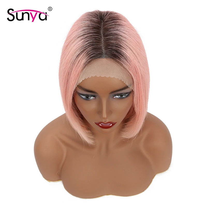 Sunya 1B/розового цвета с короткими Боба парик с эффектом деграде(переход от темного к Brazilain прямые Синтетические волосы на кружеве человеческих волос парики для чернокожих Для женщин 13X4 боб парики шнурка