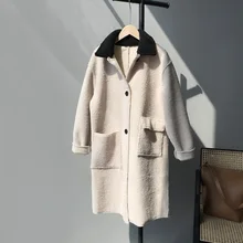 Повседневное теплое пальто средней длины с отворотом из овечьей шерсти 1329