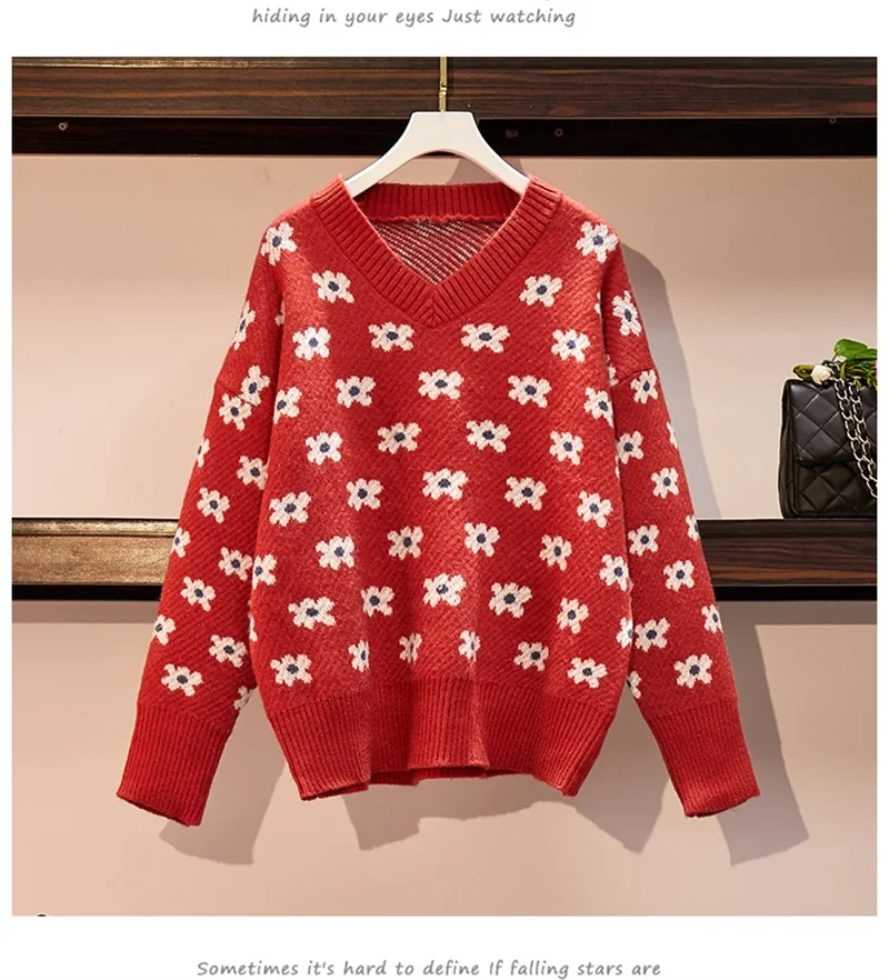 2020 Winter Clothes Women Floral Knit Pullover Korean Knit Sweaters V-neck Warm Outwear Coat Female Tops Loose Knitwear Suete