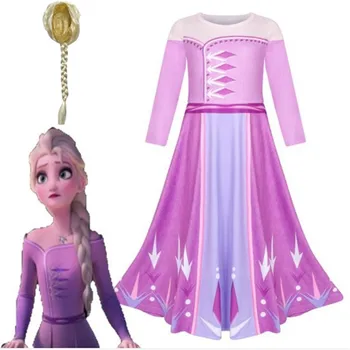 

Snow Queen cosplay Elsa princess Frozen 2 Children Halloween One-piece Dress and Wig Christmas kids party costume And wig props