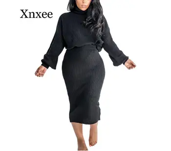 

Autumn Winter Casual Two Piece Set Women Knitted Long Sleeve Turtleneck Top And Midi Skirts Suit Soft Outfits Solid