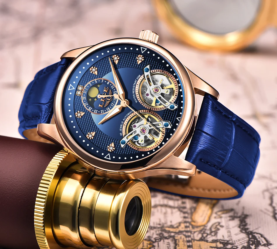 Reloj LIGE, двойной Tourbillon, швейцарские мужские часы, автоматические часы для мужчин, модные механические наручные часы с кожаным ремешком