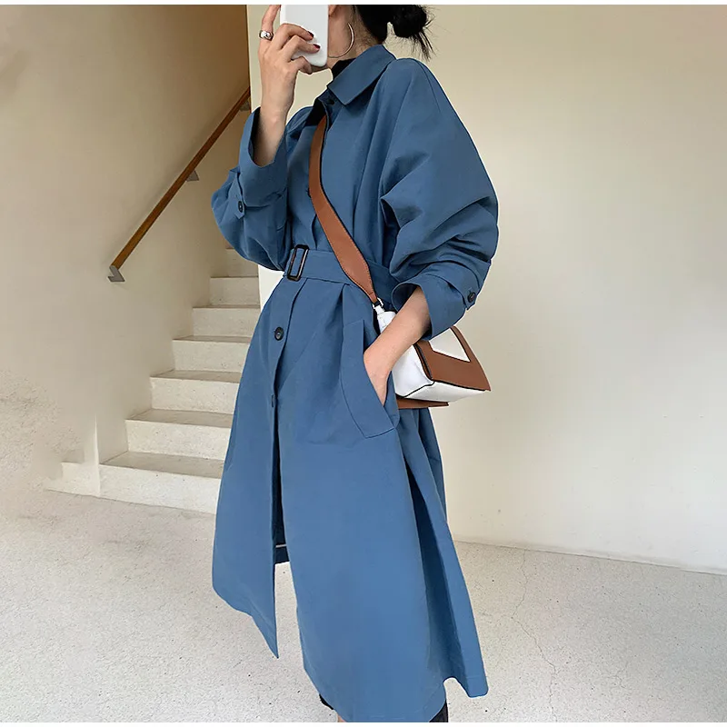 Женская мода весна и осень длинный рукав корейский стиль винтажный свободный Тренч Женский Повседневный хаки синий плащ ткань