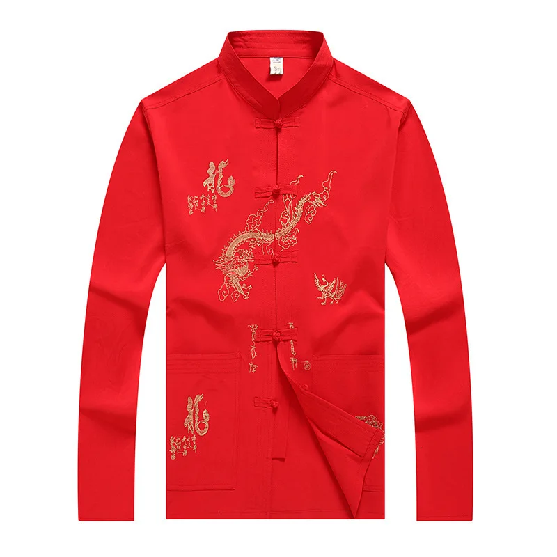 Новогодний костюм дракона для мужчин, традиционный китайский стиль, вышивка дракона, длинный рукав, Шелковый костюм Тан, китайская модная одежда - Цвет: Red