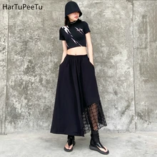 Elastic High Waist a Line Skirt Women Gothic Black Skirts Plus Size Casual Patchwork Mesh Irregular Hem Side Pockets 2020 Summer