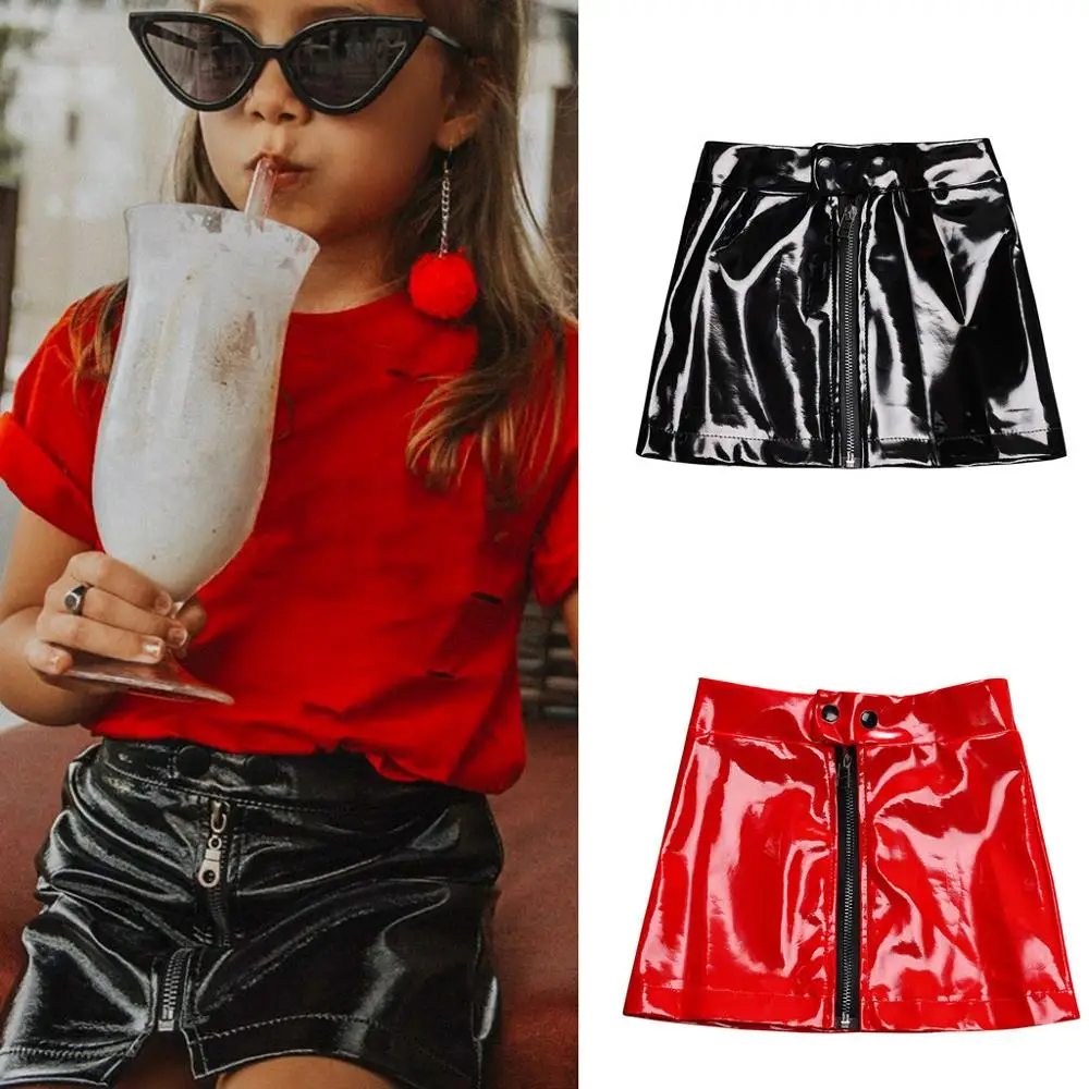 

2019 NEW Spring Summer Fashion For Baby Girls Cool Style Patent Leather Skirt Princess Zipper Mini Skirt