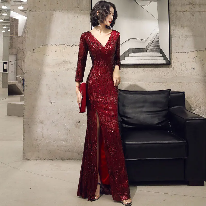 wine red Сексуальное платье с разрезом, вечерние платья, новинка, v-образный вырез, длина до пола, с блестками, вечерние платья размера плюс, вечерние платья с длинным рукавом - Цвет: wine red
