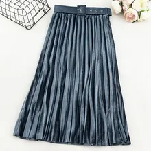 Осень, женские золотые бархатные юбки, модные брендовые женские плиссированные юбки с поясом, высокая талия, Женская юбка миди, Faldas Mujer Saias