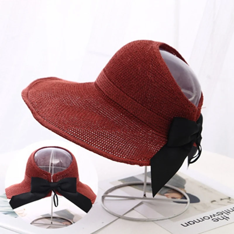 HT3027RD Модные солнцезащитные шапки с бантом, Женский хвостик, шапка от солнца, вязаная шапка с лентой для женщин, пляжная шляпа с защитой от ультрафиолета для верховой езды, уличная Солнцезащитная шапка - Цвет: HT3027RD