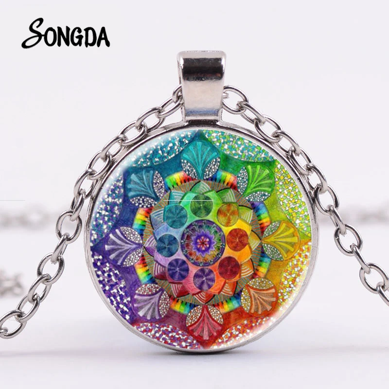 Indian Sanskrit OM Symbol Necklace OHM OM AUM Buddha Lotus Silver Plated Flower of Life Mandala Art Glass Chain Jewelry