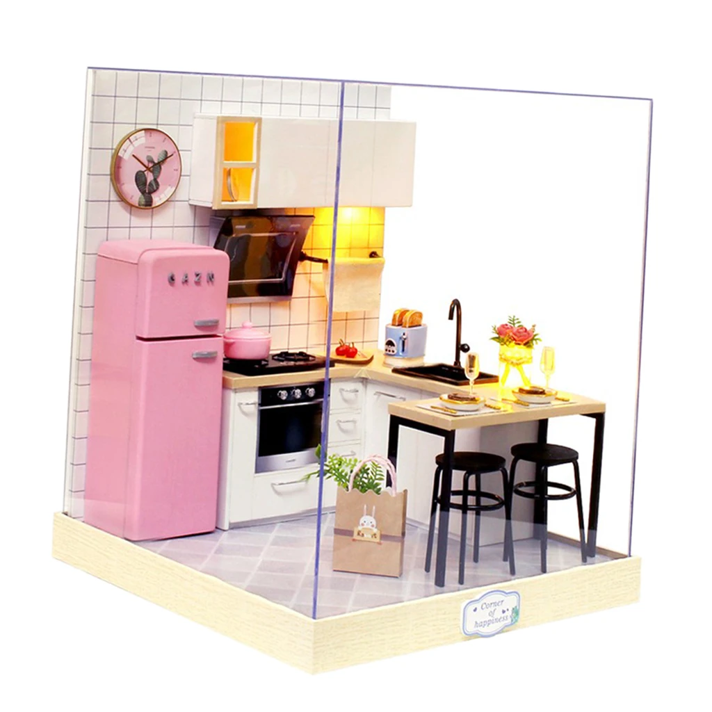 1:24 Wooden Dollhouse Miniatures DIY Kitchen Kit with Dust Cover & LED Light