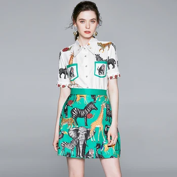

Fashion Designer Suit Set 2020 Summer Women Short Sleeve Pocket Shirt Top Animal Print Green Mini Skirt 2 Piece Set k6396