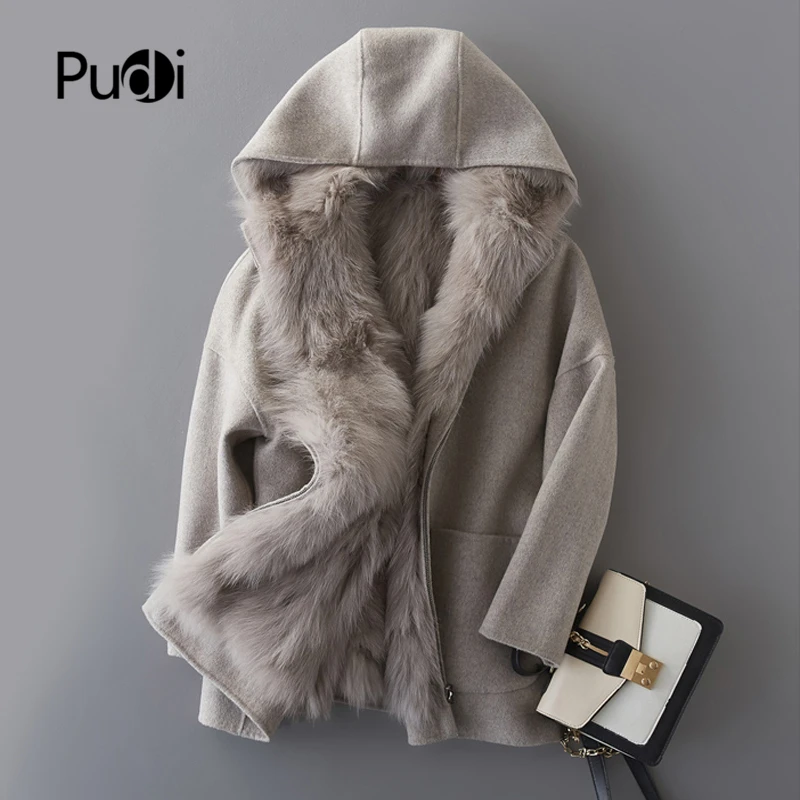 

Aorice YKL6635 Women real wool fabric coat lady Rex fur lining with hood leisure Fall/Winter wool long outwear