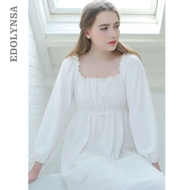 Винтажное Ночное платье, осенняя Женская пижама, белая хлопковая Домашняя одежда с квадратным воротником, ночная рубашка с длинным рукавом, ночные рубашки T264
