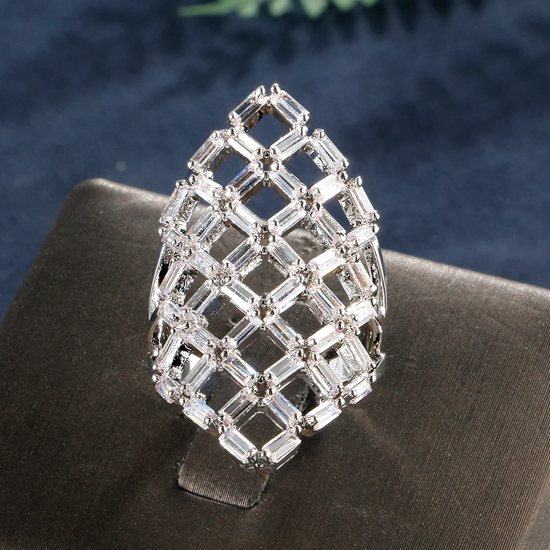 RAKOL Punk Shiny Baguette CZ Zirconia Stone Cluster Luxury White Gold Color Rings For Women Ladies Crystal Brand Finger Jewelry | Украшения