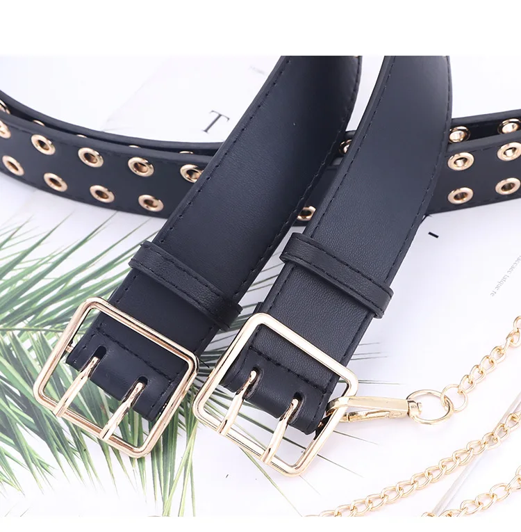 Punk Chain Belt Fashion Adjustable For Women Buckle Two Row Hole PU Leather Gold Waistband 2020 Black Belts New Ladies Adult