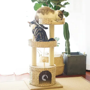 

Cool straw style cat Carey small natural cattail rattan cat climbing frame luxury cat Villa