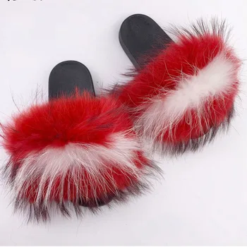 

Real Fox Fur Slippers Slides Open Toe Flip Flops Women's Furry Fluffy Slippers House Shoes Mule Sandals Slip On Shoes