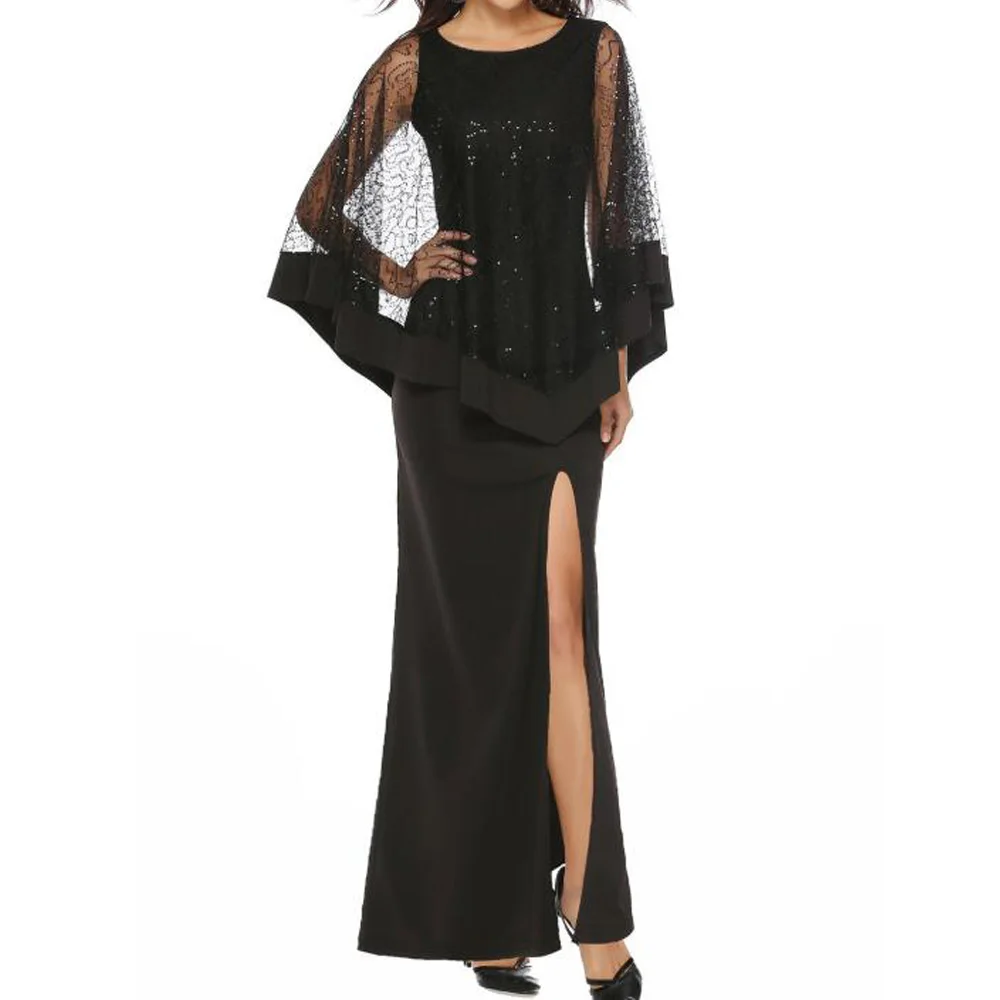 Vestido de Festa черное платье для женщин Сетчатое кружевное с накидкой рукавом