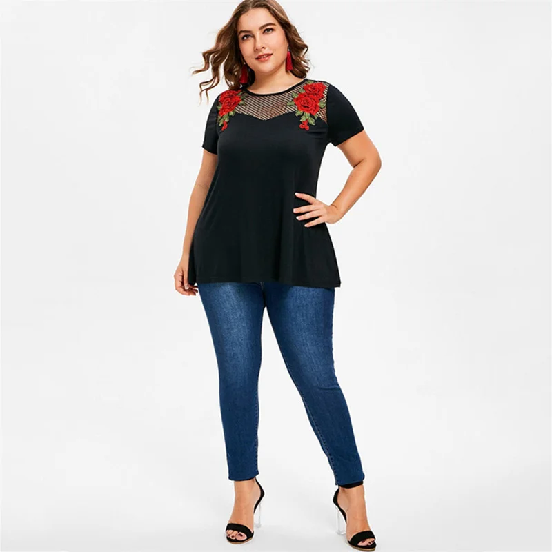 

Plus Size Fashion Women Tshirt Mesh Hollow Out Summer Casual Ladies Tops Tees Short Sleeve Floral Embroidered Female Tee Shirt