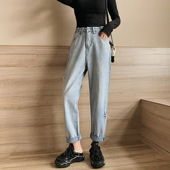 

20220 Spring Clothing New Style with Holes Jeans Hip Thick Thighs Loose-Fit Slimming Large Size High-waisted Harem Pants Fashion