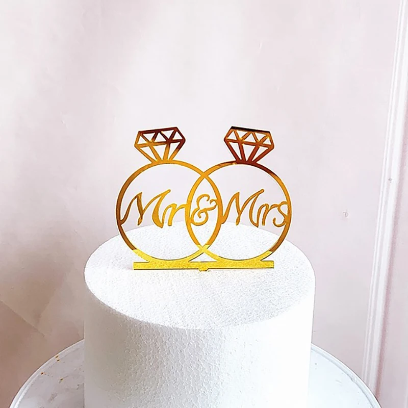 Gold Ring wedding Acrylic Cake Topper Flower "Mr&Mrs" Wedding Acrylic Cake Topper For Wedding Birthday Party Cake Decorations