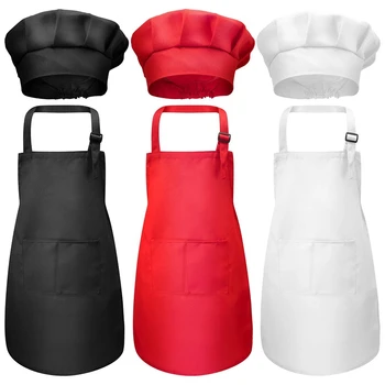 

6PCS Children's Chef Hat Apron Set, Adjustable Size, with 2 Pockets, Kitchen Cooking and Baking Clothing