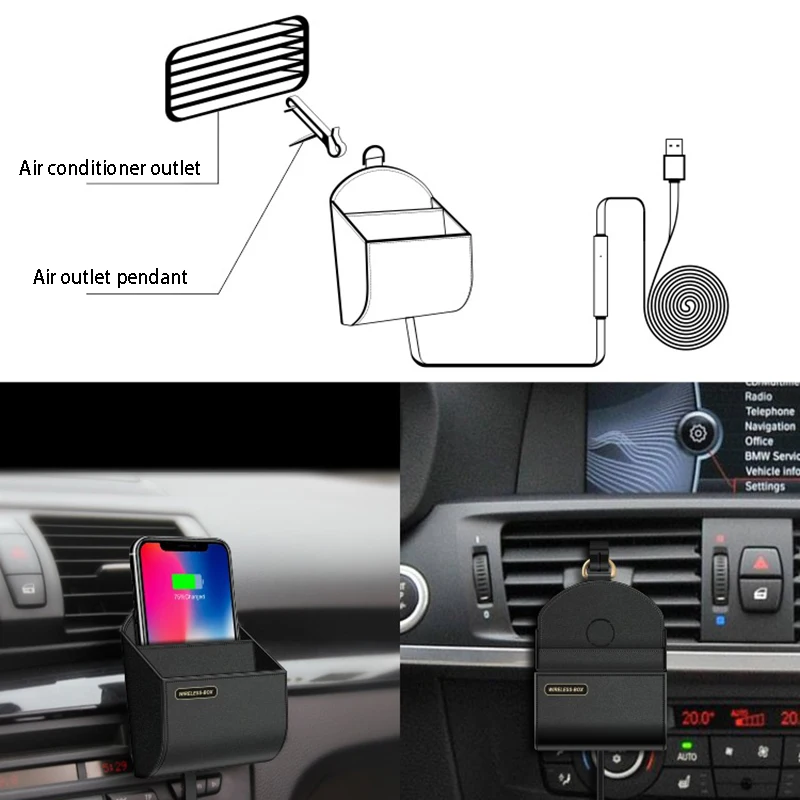 5W Qi Car Wireless Charger and Car Phone Holder Air Vent Holder Storage Box For IPhone Mobile Phone Wireless Charging Stand