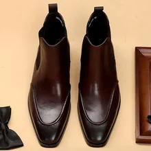 Fashion 2019 New Genuine Cow Leather Men Ankle Boots High Top Slip On Dress Shoes Black Brown Mens Chelsea Boot Fashion 2019 New Genuine Cow Leather Men Ankle Boots High Top Slip On Dress Shoes Black Brown Mens Chelsea Boot