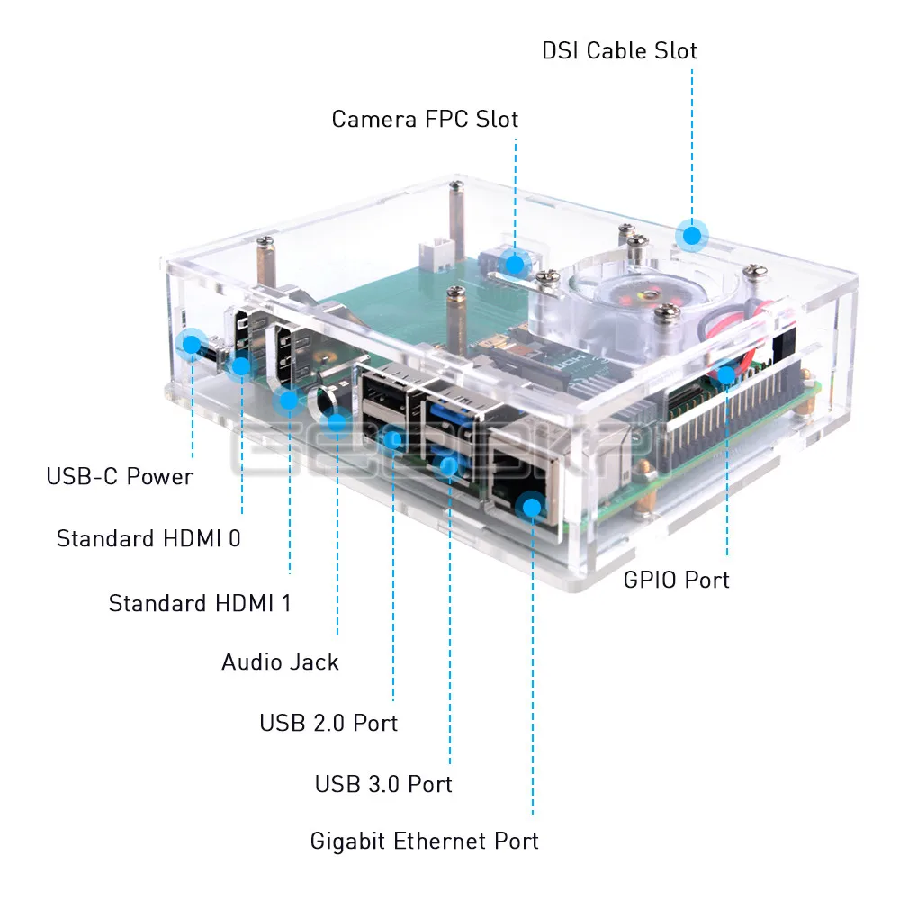 Conjunto de Framboesa Ventilador de Luz Azul e Todo o Dissipador de Calor de Alumínio para Raspberry Superior com 4010 Geeekpi Novo Acrílico-kit Caixa Led 4b pi - Imagem 2