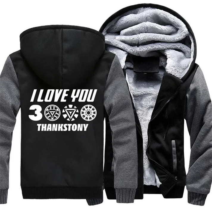 Американский размер, мужские зимние толстовки с капюшоном I Love You 3000 Times Tony Stark, утепленная куртка с капюшоном, толстовки, повседневное пальто