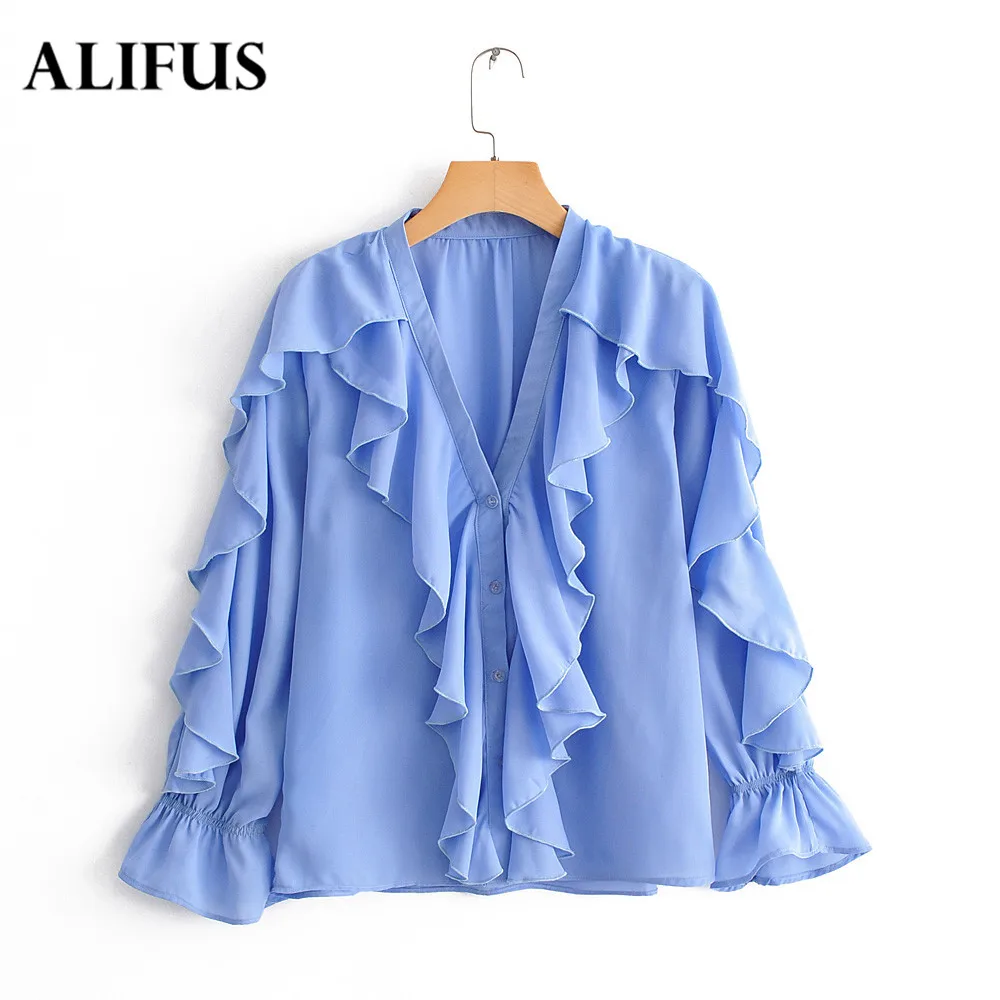 

Fashion Za Ladies Ruffles Chiffons Blouse Shirts Long Sleeve Deep V Neck Pleated Female Summer Office Ladies Tops Blusas Clothes