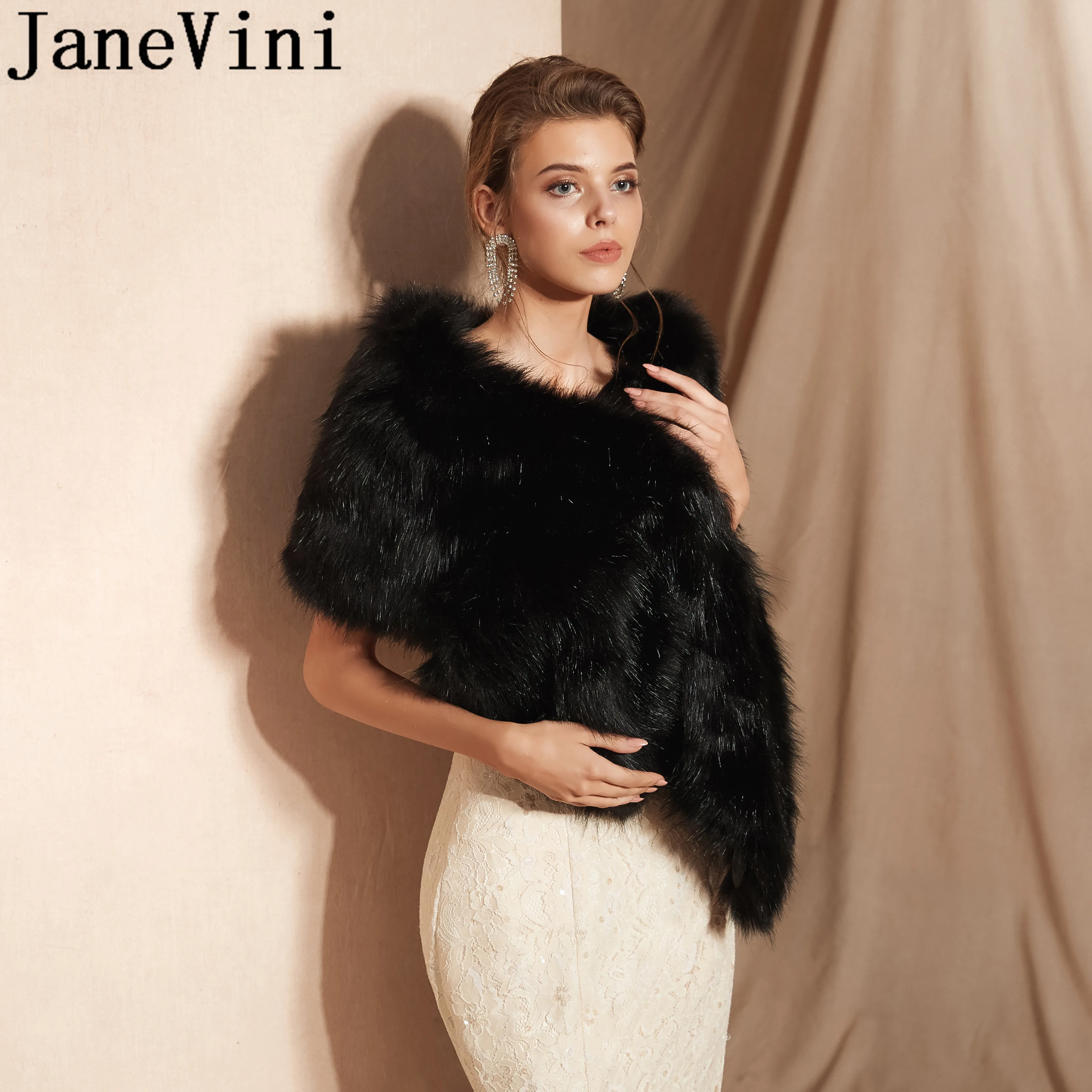JaneVini, Элегантная черная меховая накидка для женщин, для вечеринки, меховая шаль, зимнее свадебное платье, свадебная накидка из искусственного меха, болеро de novia