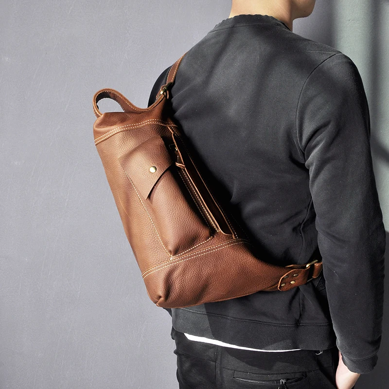 Trend Men Quality Crazy horse Leather Casual Fashion Crossbody Chest Sling Bag Design Travel One Shoulder Bag Daypack Male 2329