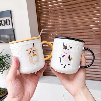 

Animal Ceramic Cup with Lid Spoon Mug Hipster Office Coffee Cup