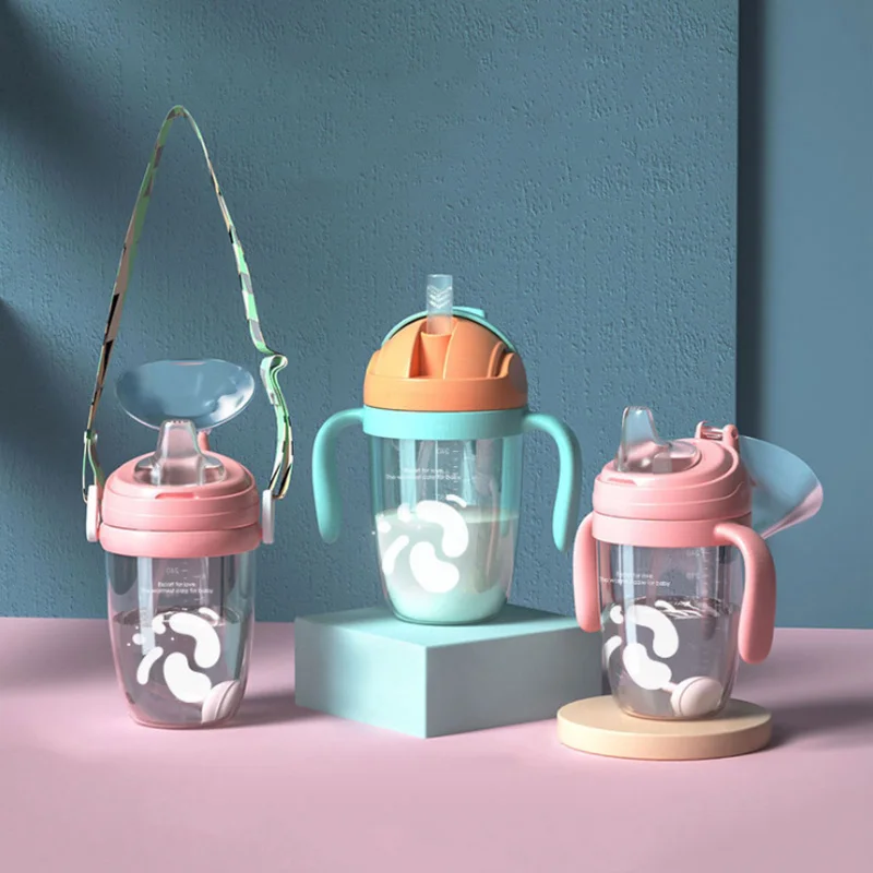 3 In 1 Child Water Bottle Baby Sippy Cups Anti-choked Kids Learning Drinking Leakproof with Spout & V-Straw & Sling