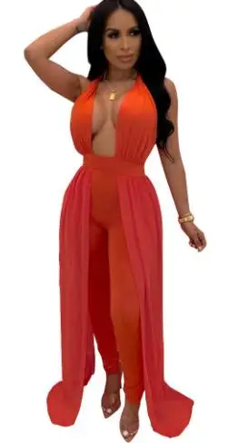 Orange Mesh Patchwork Skinny Bodysuit Women Deep V Neck Sleeveless One Piece Overall Summer Halter Backless Party Jumpsuit AE180 | Женская