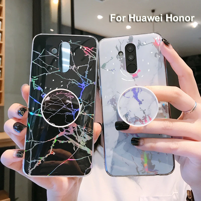 Мраморный лазерный чехол для huawei Honor 10 P30 Pro mate 20 7C Pro lite Y5 Prime Y6 7A Nova 3i 3 2i со складной держатель чехол
