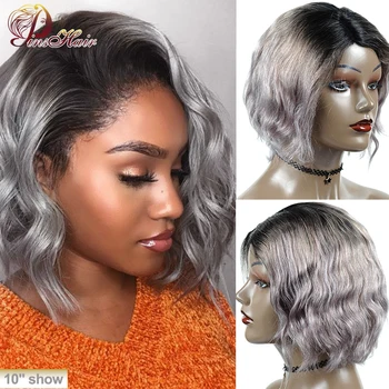 

Pinshair 1B Gray Short Bob Wigs PrePlucked Lace Front Human Hair Wigs Remy 150 Natural Wave Bob Wig Peruvian Side Lace Part Wigs