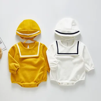 

Newborn Velvet Clothes Little Baby Girl Boy Long Sleeve Bodysuit Pure Color Navy Style Jumpsuit Toddler Playsuit With Hat