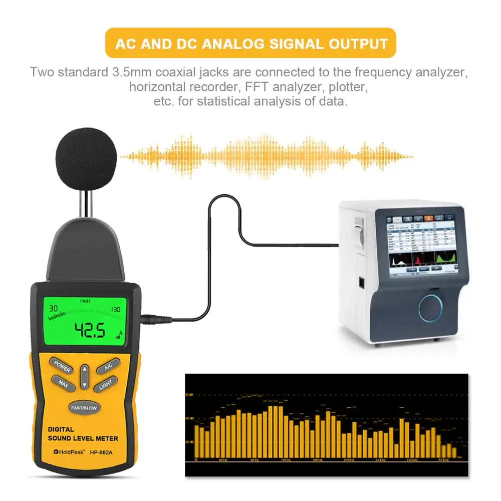 HoldPeak 디지털 사운드 레벨 미터 HP-882A 소음 레벨 미터, LCD 백라이트/감도 조정 기능이 있는 디지털 데시벨 미터