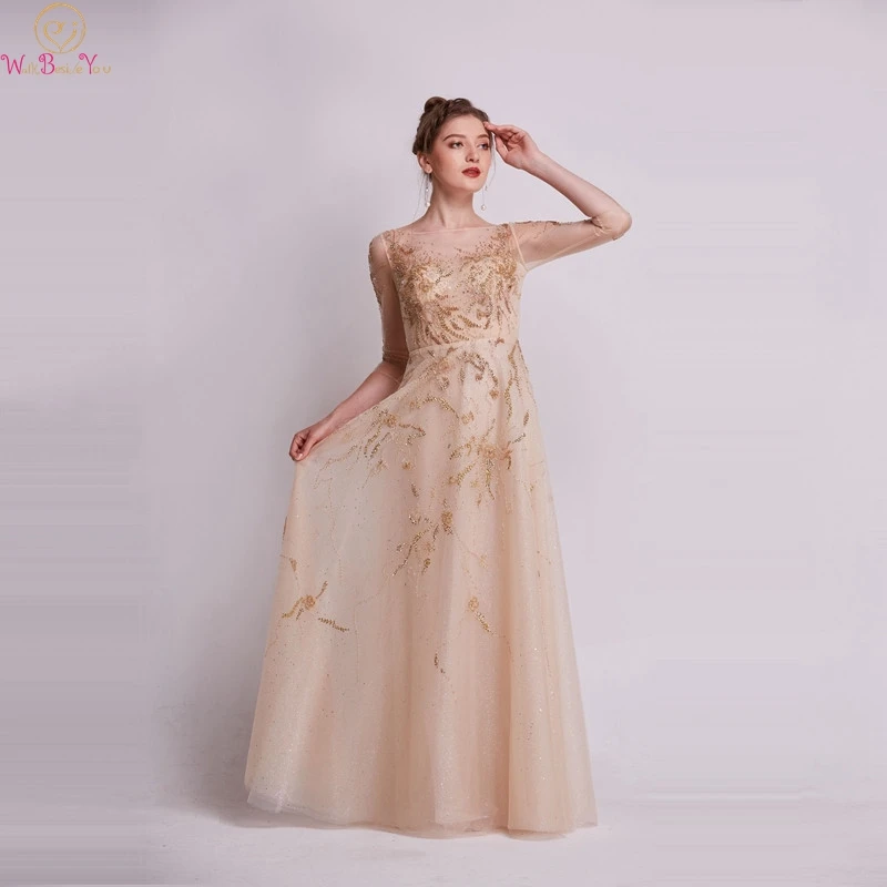 

2019 Champagne Luxury Beaded A-Line Prom Dresses Three quarter Sleeves Sequined Formal Party Long Gowns Elegant Prom robe gala