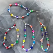 

2021 Pearl Smiley Strap For Phone Chain Mobile Chains Phone Beads String Colorful Lanyard Fashion Smile Face Telephone Jewelry