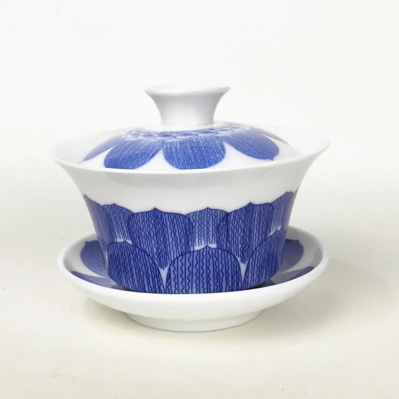 150 мл голубой и белый фарфор Gaiwan Lotus SanCai чайная чаша керамическая чайная чашка и блюдце набор Китайский чайная супница