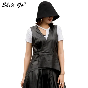 

Genuine Leather Vest Elegant V Neck Button Detail Slim Sleeveless Asymmetry Sheepskin Vests Women Casaul Office Lady Outwear