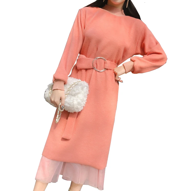 

2019 Nieuwe vrouwen Herfst Winter Coltrui gebreide Solid Mid-Kalf Jurk Fashion Casual Mesh tweedelig pak jurk LU593