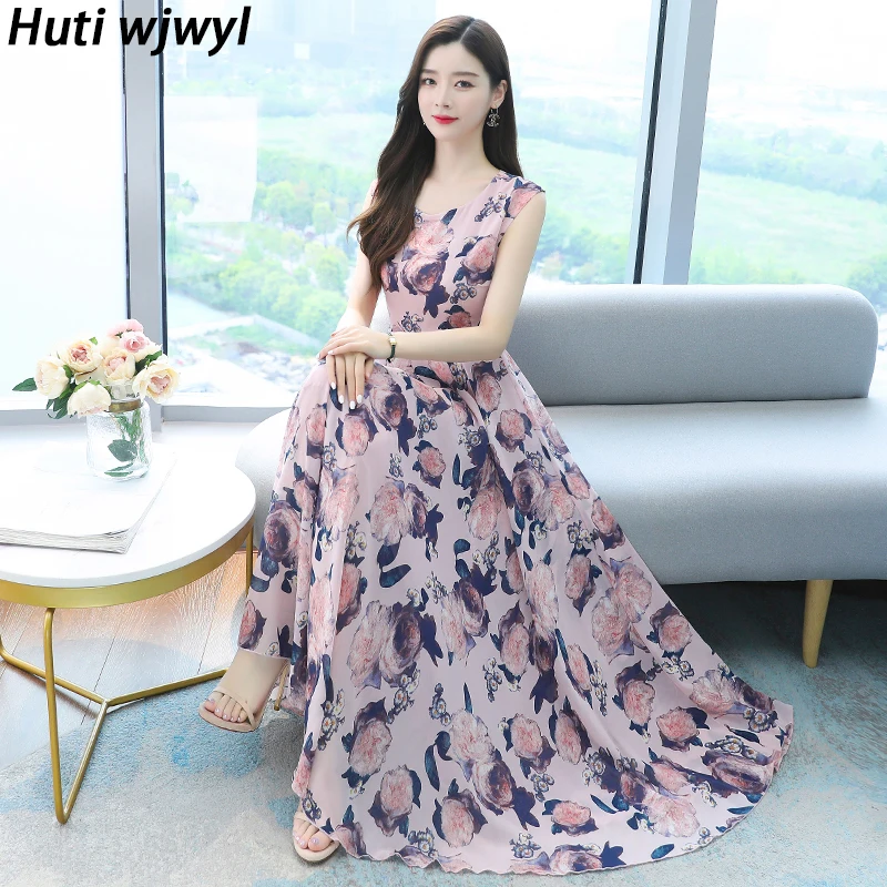 

2023 Chiffon casual Boho Sexy Midi Sundress Summer Elegant Women Bodycon Party Evening Vestido Print Vintage Beach Maxi Sundress